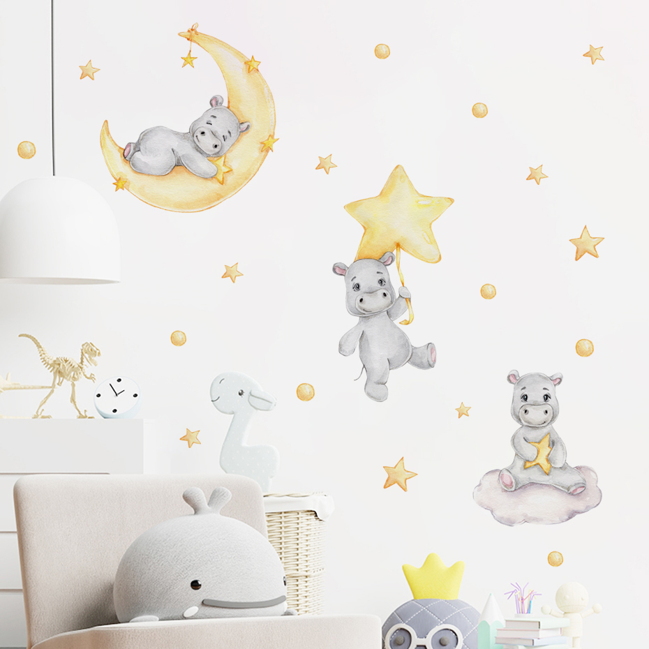 Baby Nursery Yellow Walls - Boho Cartoon Cute Yellow Hippo Animal