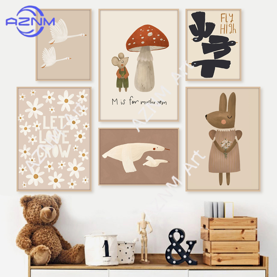 Baby Nursery Kids - Boho Cartoon Rabbit Mouse Goose Posters