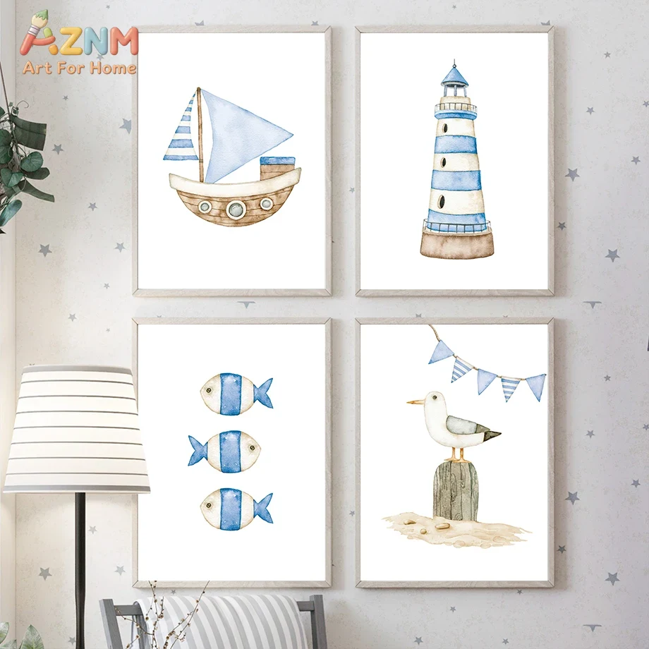 Baby Nursery Kids - Sailboat Lighthouse Fish Nautical Nursery Posters