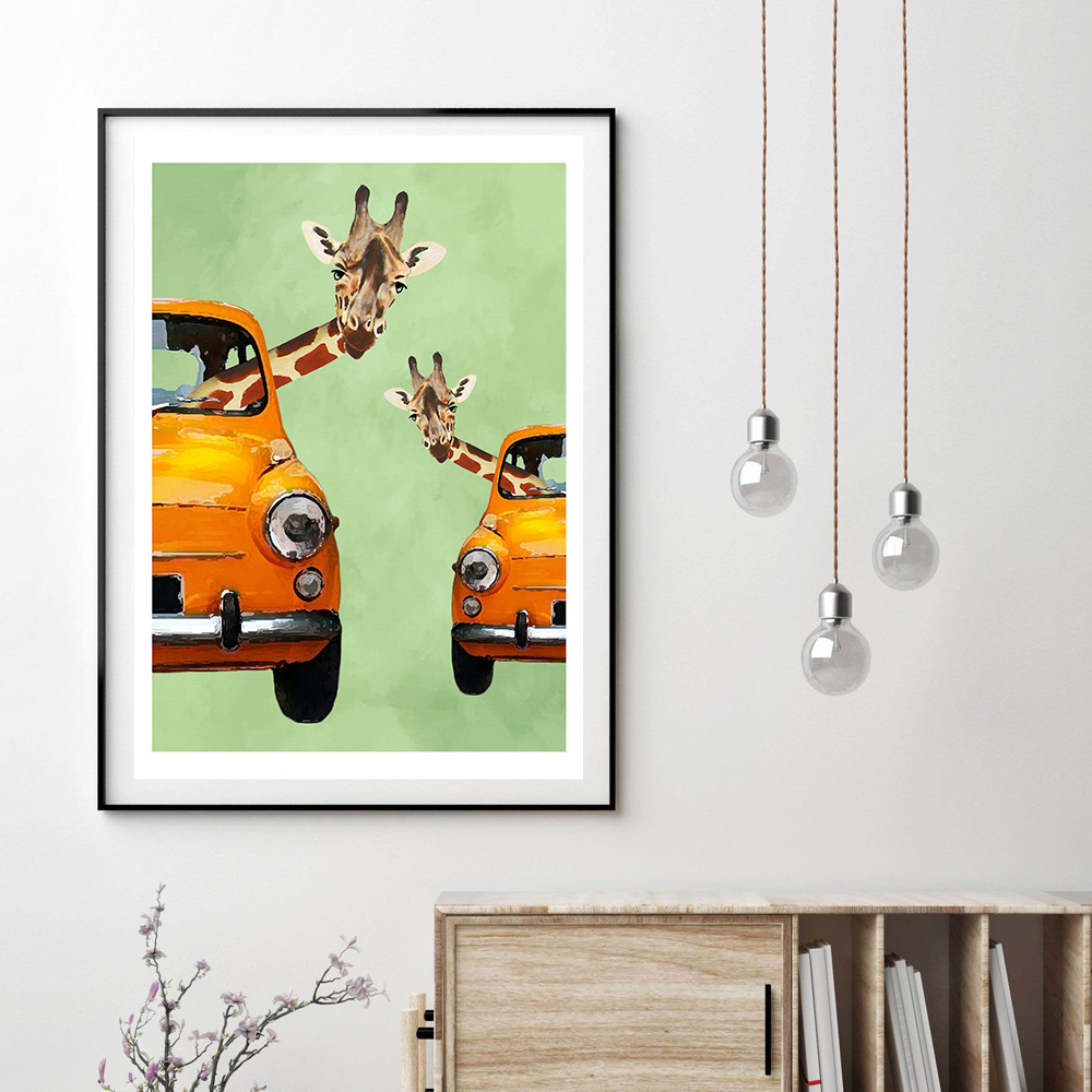 Baby Nursery Yellow Walls - Giraffes In Yellow Cars Cartoon Canvas