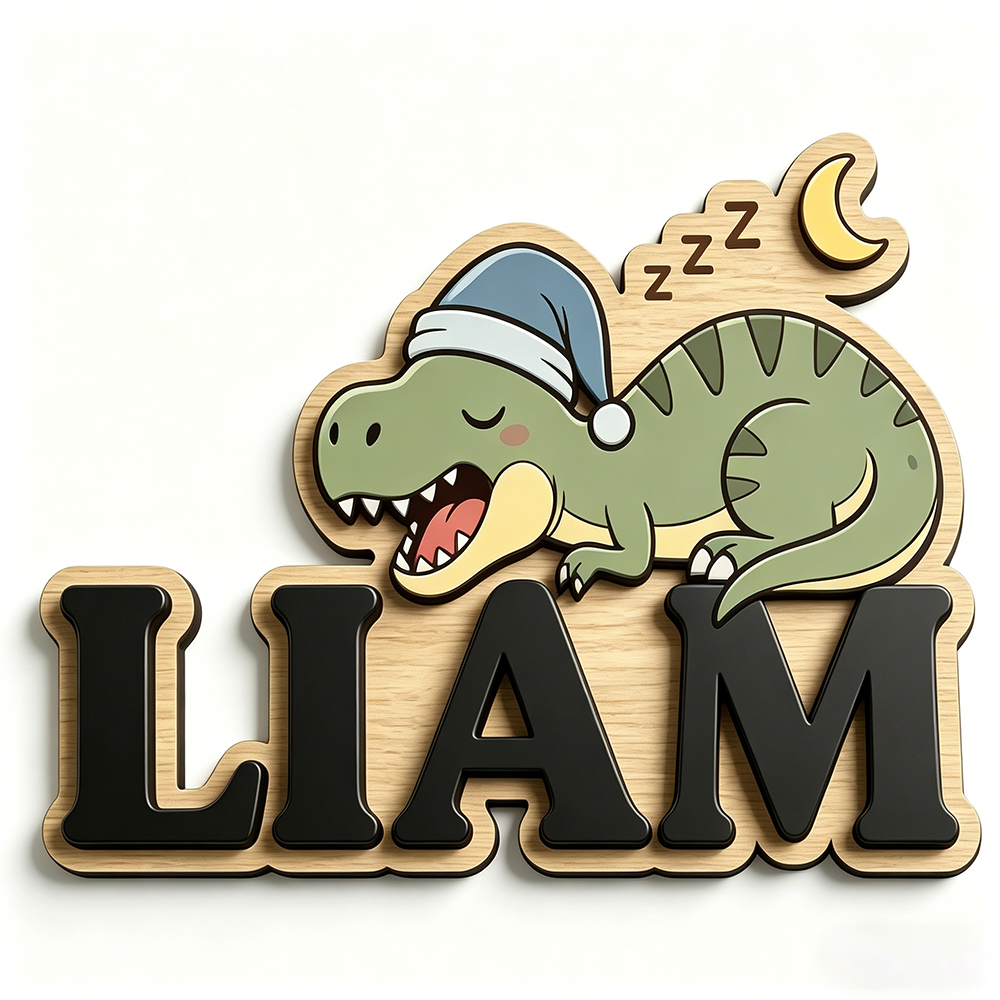 Baby Nursery Kids - Personalized Sleepy Dinosaur Name Sign, Wooden