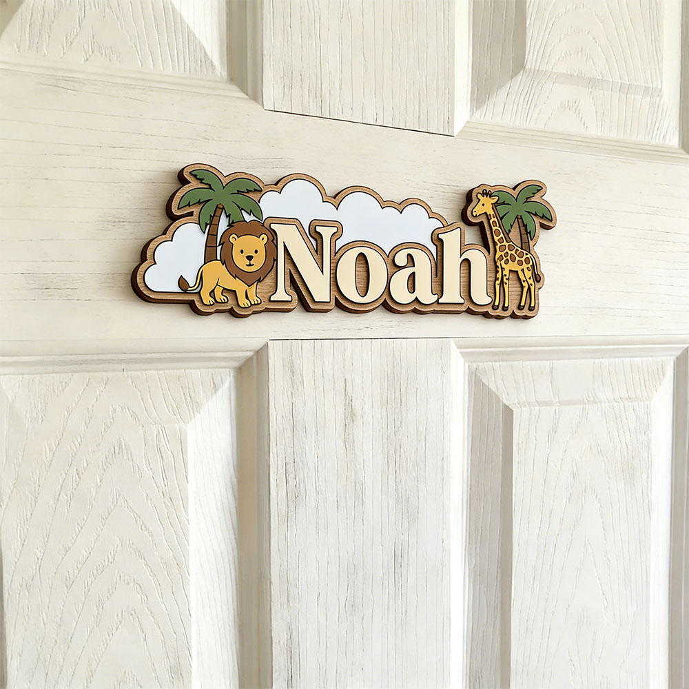 Baby Nursery Decor Boy - Whimsical Jungle Friends Custom Name Plaque,