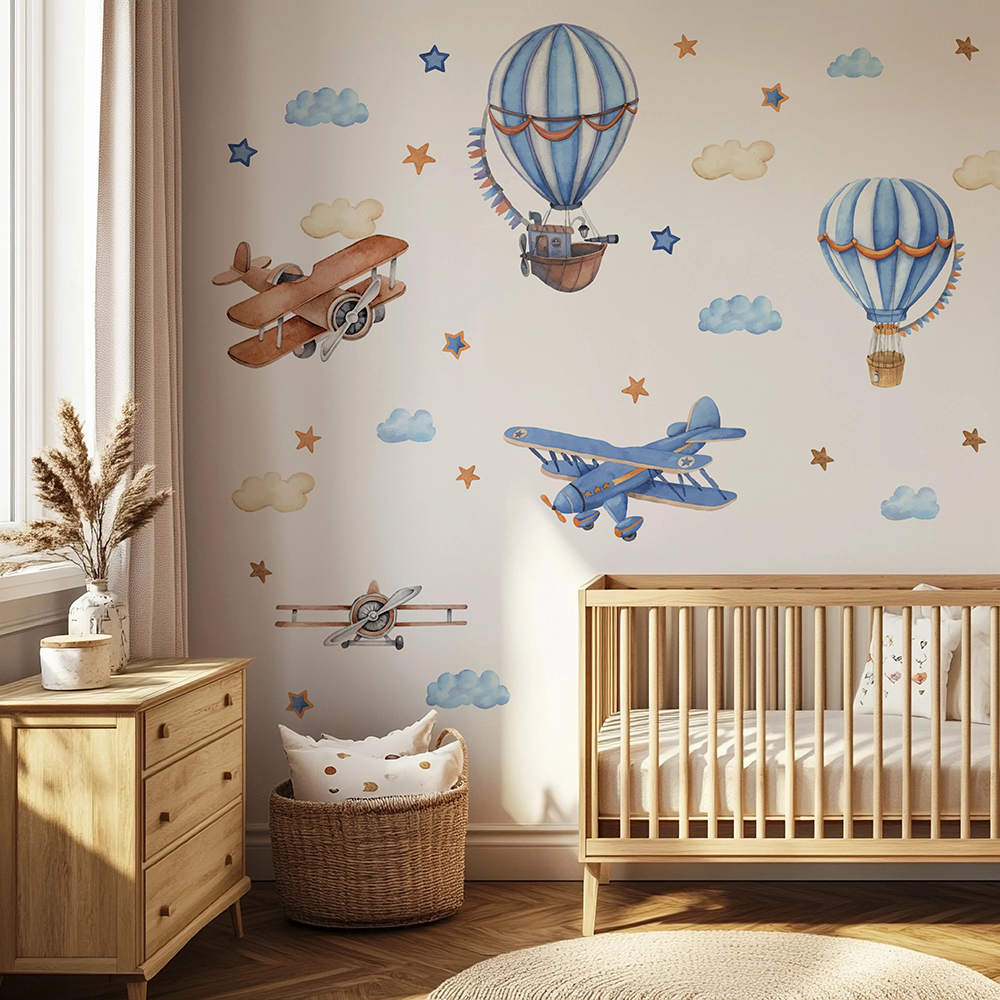 Baby Nursery Decor Boy - Cartoon Airplanes Hot Airballoon Wall Stickers
