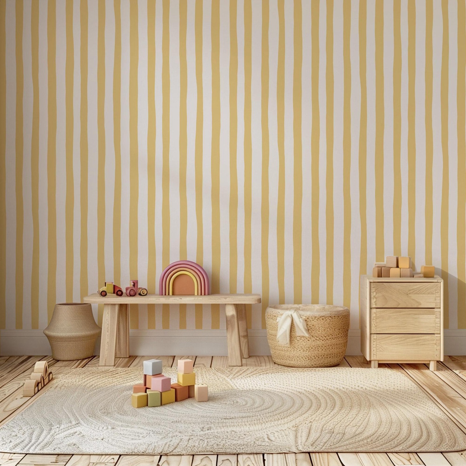 Sunshine Yellow Wobbly Stripes - مراجعة Baby Nursery Yellow Walls وسعره
